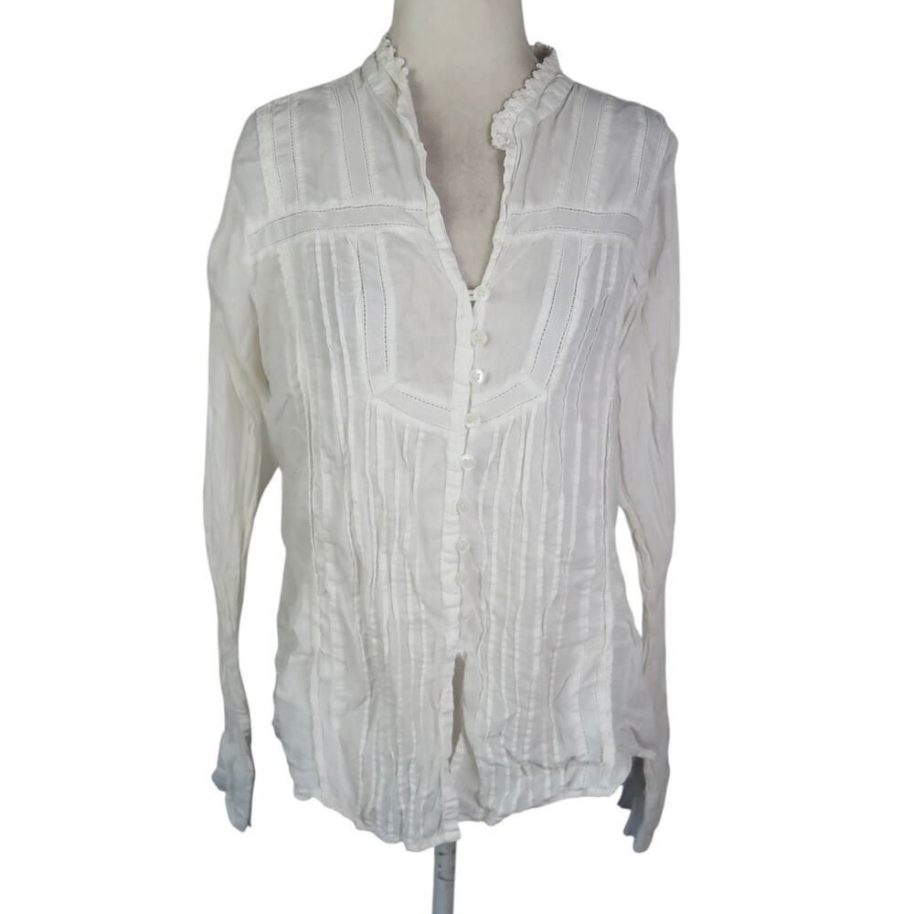Vintage 90s White Cotton Pintuck Prairie Peasant Top Long Sleeves